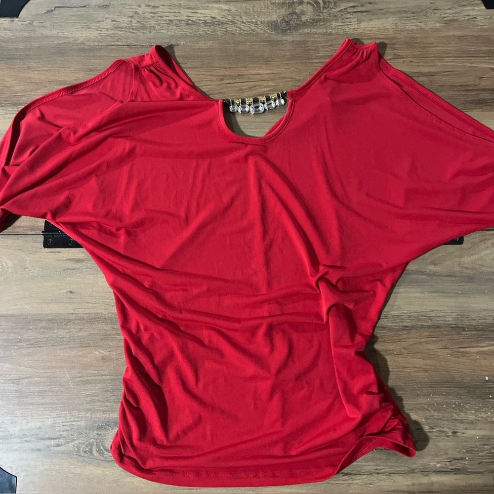 By & By Red Blouse With Jewel Trim Size M Half Sleeves With Opening